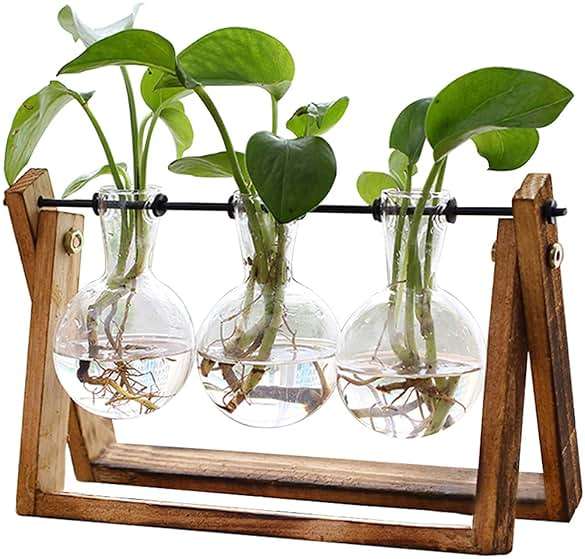 XXXFLOWER Plant Terrarium with Wooden Stand, Air Planter Bulb Glass Vase Metal Swivel Holder Retro Tabletop for Hydroponics Home Garden Office Decoration - 3 Bulb Vase - Image 1