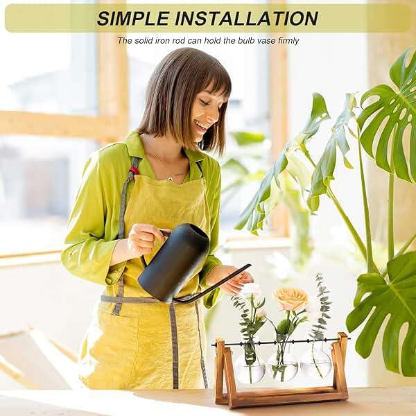 XXXFLOWER Plant Terrarium with Wooden Stand, Air Planter Bulb Glass Vase Metal Swivel Holder Retro Tabletop for Hydroponics Home Garden Office Decoration - 3 Bulb Vase - Image 4