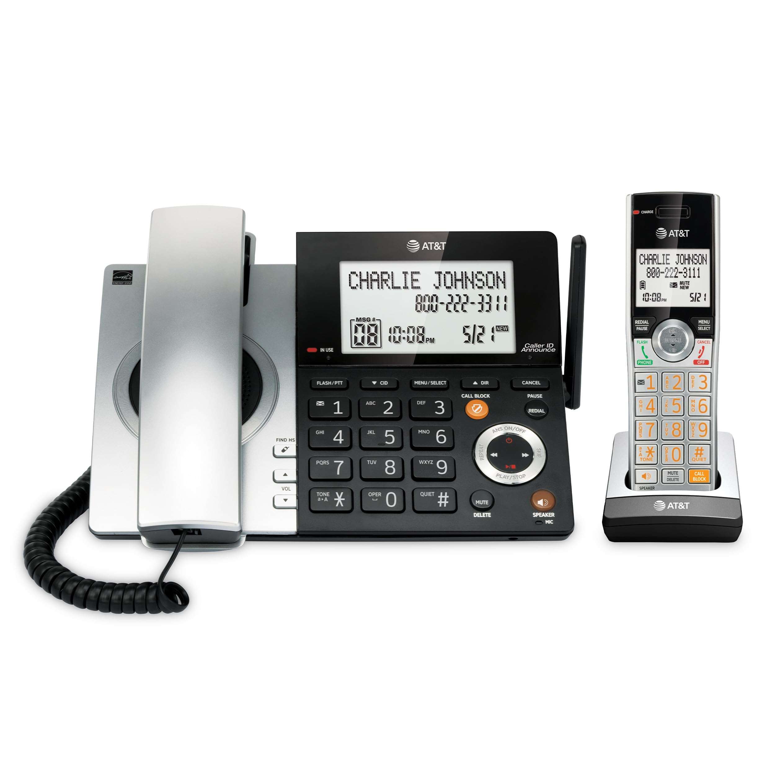 AT&T CL84107 DECT 6.0 Expandable Corded/Cordless Phone with Smart Call Blocker, Black/Silver with 1 Handset - Image 1