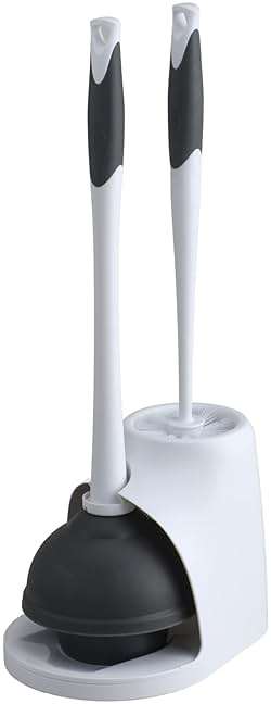 Clorox Toilet Plunger and Brush Bowl Set with Holder Caddy Storage for Cleaning Bathroom and Unclogging Toilets, White and Gray - Image 1