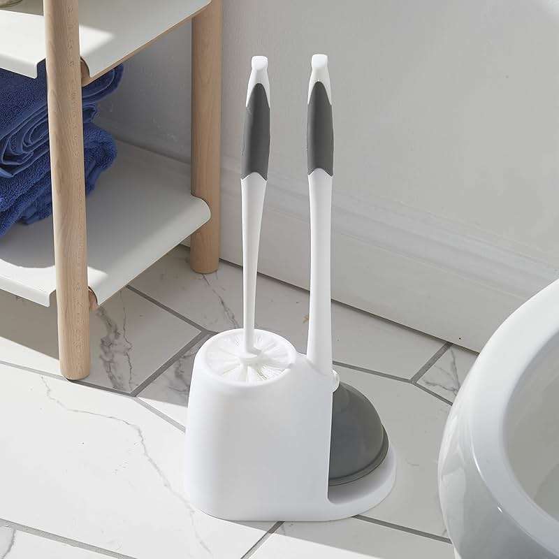 Clorox Toilet Plunger and Brush Bowl Set with Holder Caddy Storage for Cleaning Bathroom and Unclogging Toilets, White and Gray - Image 2