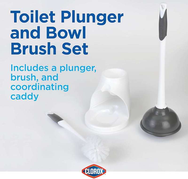Clorox Toilet Plunger and Brush Bowl Set with Holder Caddy Storage for Cleaning Bathroom and Unclogging Toilets, White and Gray - Image 5