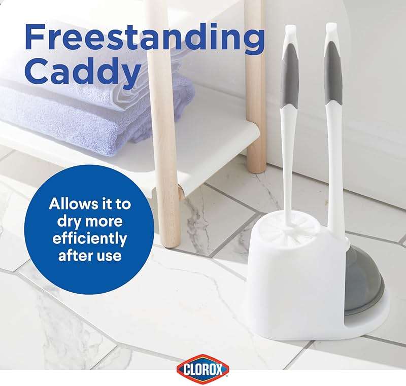 Clorox Toilet Plunger and Brush Bowl Set with Holder Caddy Storage for Cleaning Bathroom and Unclogging Toilets, White and Gray - Image 8