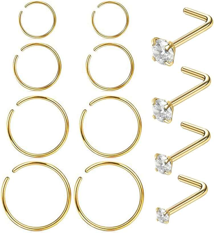 Masedy Nose Rings 12Pcs 20G 316L Stainless Steel L Shaped Nose Studs Cartilage Tragus Septum Piercing 6-12MM - Image 1