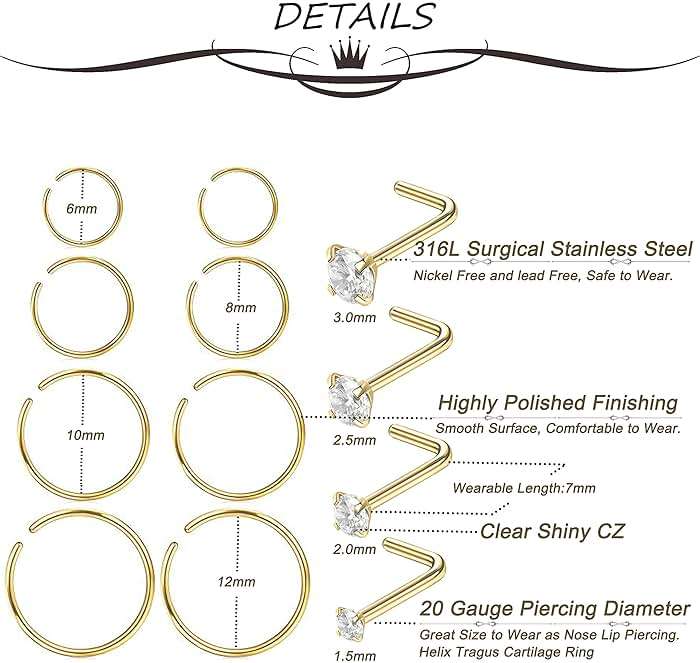 Masedy Nose Rings 12Pcs 20G 316L Stainless Steel L Shaped Nose Studs Cartilage Tragus Septum Piercing 6-12MM - Image 3