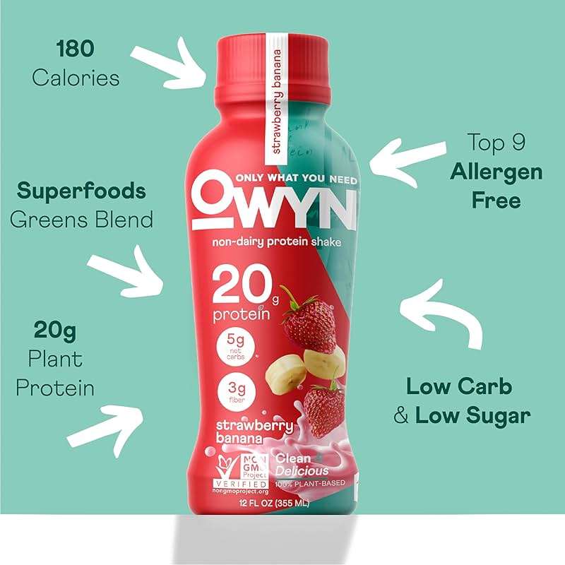 OWYN Only What You Need Strawberry Banana Flavored Protein Shake, 20g Protein, 4g Sugar, 3g Fiber, Dairy Free, Plant Based Protein Drink, 12 Count - Image 4