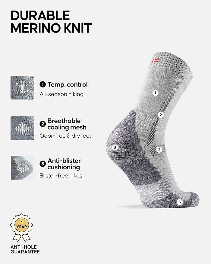 DANISH ENDURANCE Merino Wool Hiking Socks for Men & Women, Breathable, Anti-Blister Socks for Outdoors, 3 or 5-Pack - Image 2