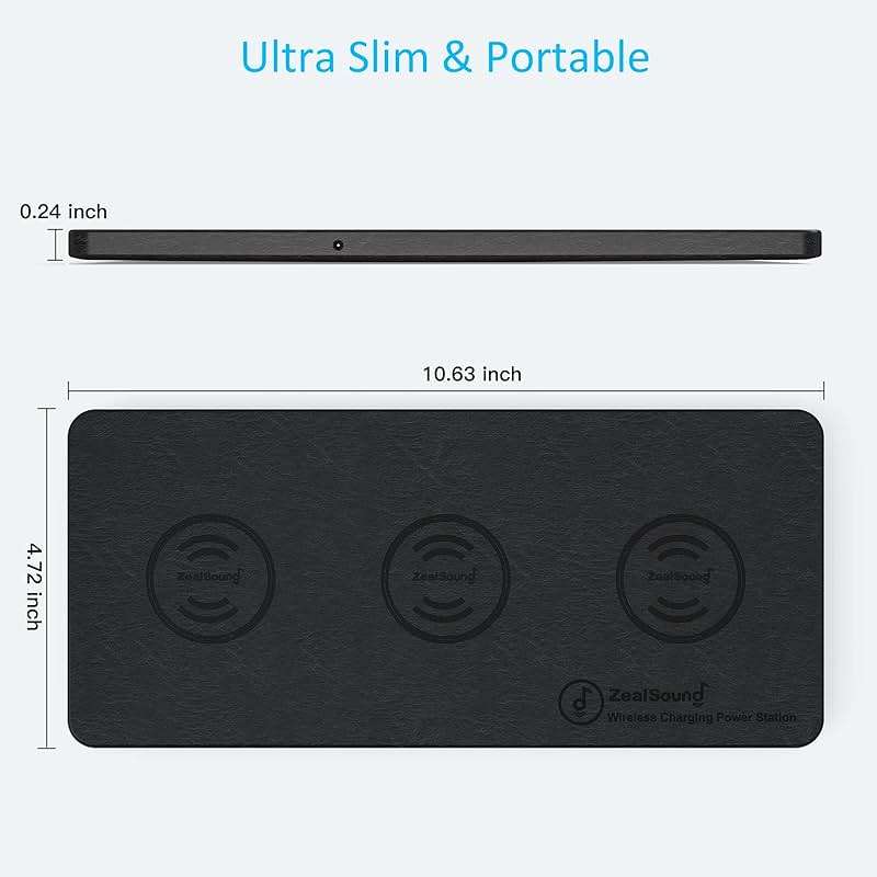 ZealSound Wireless Charging Pad, 3 in 1 Charger Mat for iPhone, Samsung Galaxy, Pixel, AirPods & Galaxy Buds, 24W Adapter Included, Ultra Slim, Case Friendly, PU Leather, for Home Office & Travel - Image 6
