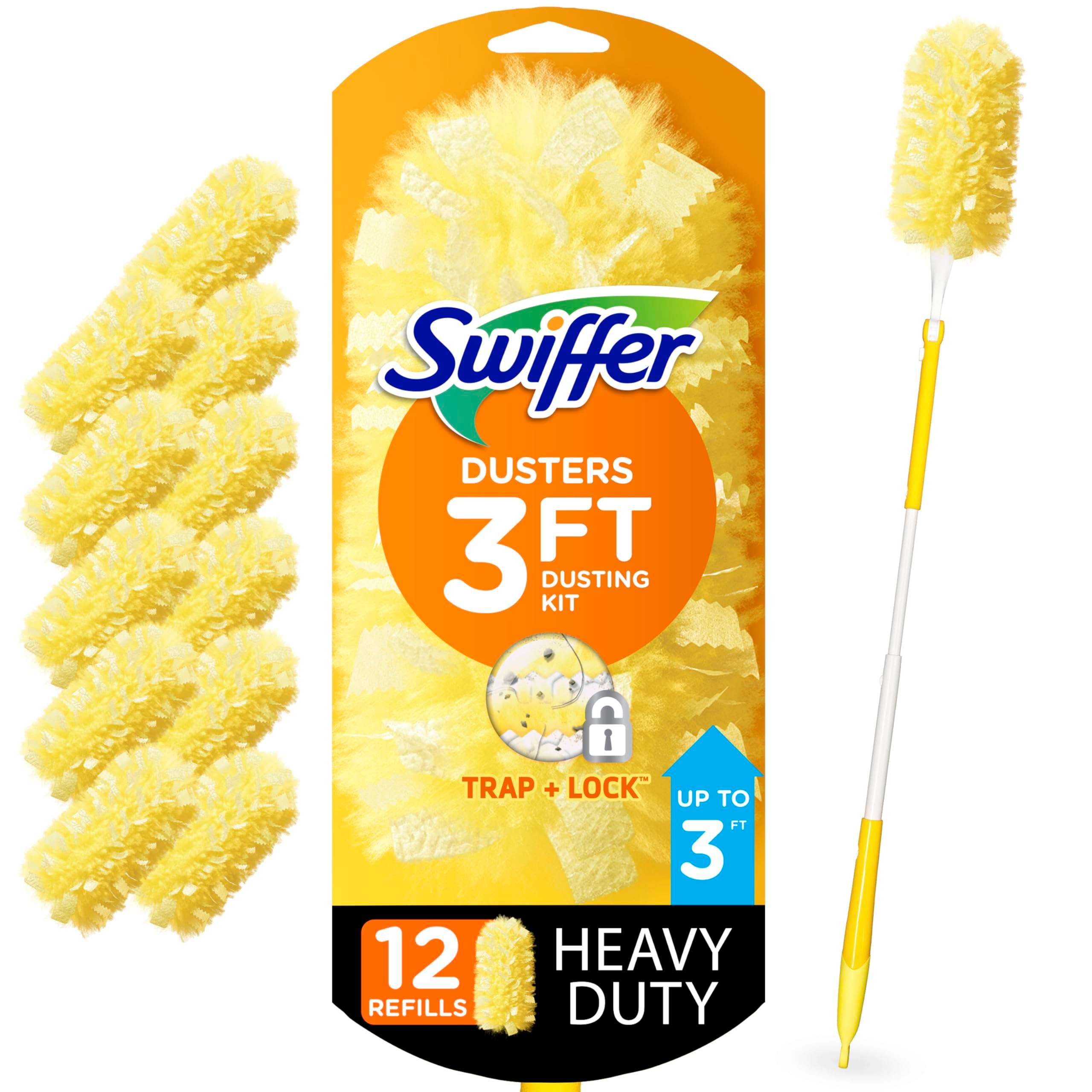 Swiffer Duster Kit with 3 ft Extendable Handle, Dusters for Cleaning, Set Includes 1 Extension Pole and 12 Heavy Duty Dusting Refills Dust Cleaner, Long Extended Wand for Ceiling Fans and Walls - Image 1