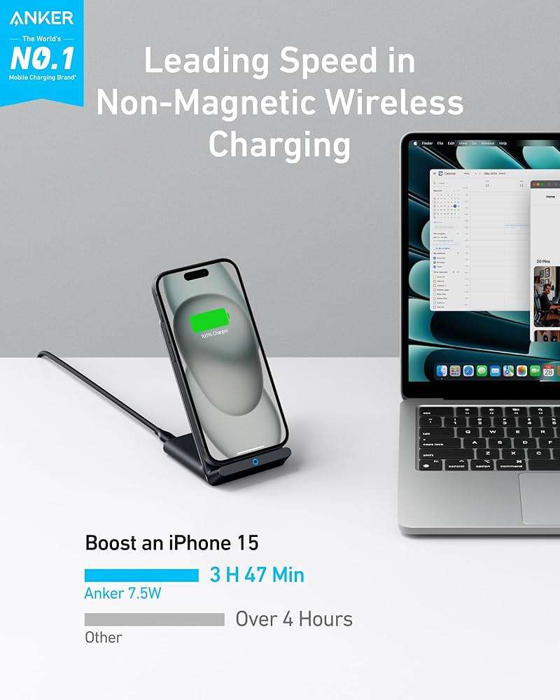 Anker 313 Wireless Charger (Stand), Qi-Certified for iPhone 17/17/17 Pro/17 Pro Max/15/14/13, 10W Fast-Charging Galaxy S23 S22 S21(No AC Adapter) - Image 2
