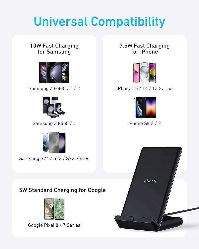 Anker 313 Wireless Charger (Stand), Qi-Certified for iPhone 17/17/17 Pro/17 Pro Max/15/14/13, 10W Fast-Charging Galaxy S23 S22 S21(No AC Adapter) - Image 3