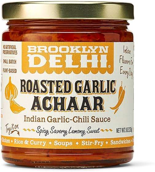 Brooklyn Delhi Roasted Garlic Achaar - 9 Ounces - Spicy, Lemony, Savory, Sweet Flavor - Made with a mix of Indian Spices, Red Chili Powder, and Unrefined Cane Sugar - Vegan - No Artificial Additives - Image 1