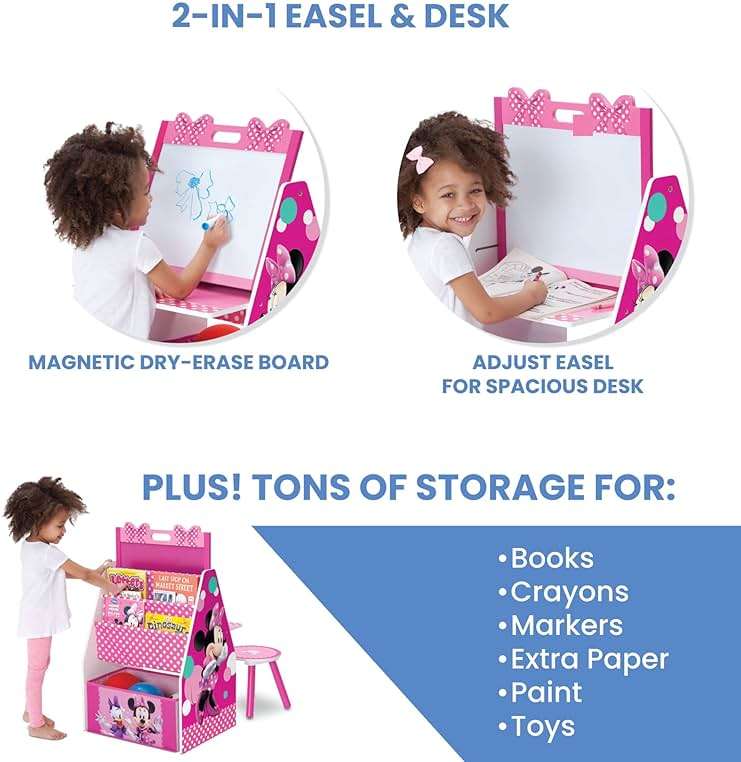 Delta Children Deluxe Kids Art Table | Easel, Desk, Stool, Toy Organizer, Disney Minnie Mouse - Image 4