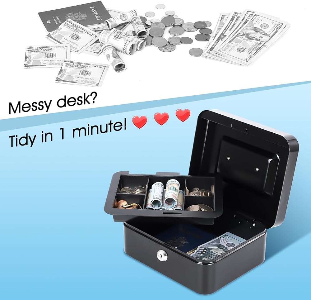 KYODOLED Medium Cash Box with Removable Money Tray, Key Lock Metal Storage Box with 2 Keys & Portable Handle, Safe Cash Drawer, 7.87"x 6.30"x 3.54", Black - Image 4