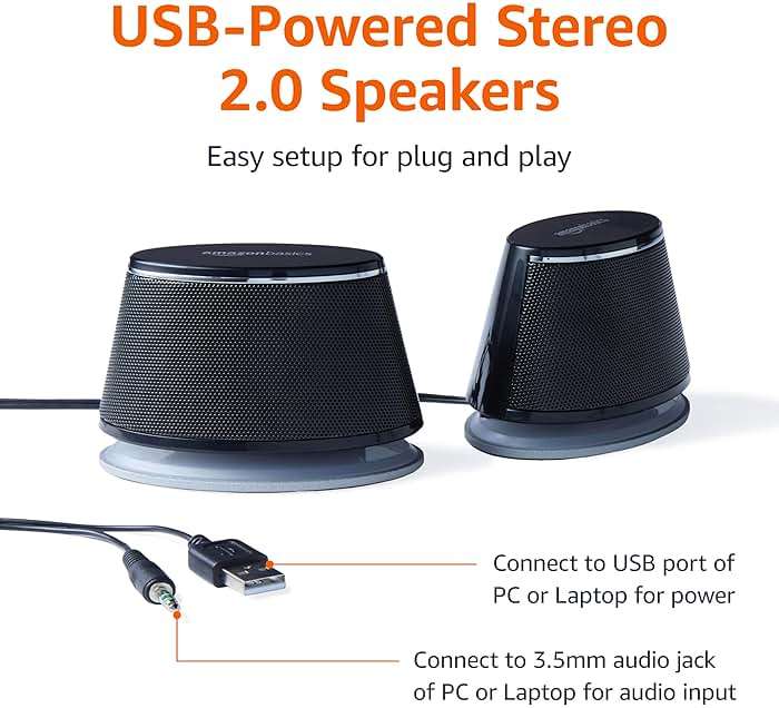 Amazon Basics Stereo 2.0 Speakers for PC or Laptop with Volume Control, 3.5mm Aux Input, USB-Powered, 1 Pair, Black - Image 2