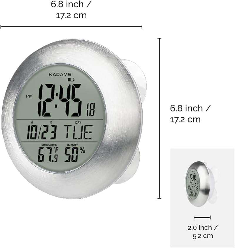 KADAMS Bathroom Shower Digital Wall Clock 9.5'' Kitchen Clock Calendar Water Resistant - Large LCD Screen - Temperature & Humidity Display - Thoughtful Gift for All Ages (Silver) - Image 3