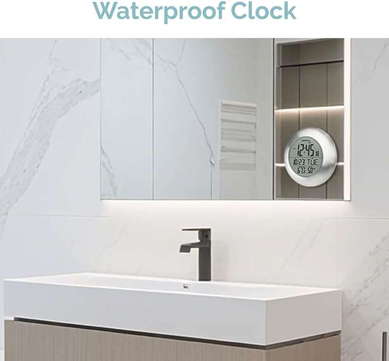 KADAMS Bathroom Shower Digital Wall Clock 9.5'' Kitchen Clock Calendar Water Resistant - Large LCD Screen - Temperature & Humidity Display - Thoughtful Gift for All Ages (Silver) - Image 4