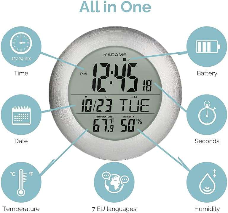KADAMS Bathroom Shower Digital Wall Clock 9.5'' Kitchen Clock Calendar Water Resistant - Large LCD Screen - Temperature & Humidity Display - Thoughtful Gift for All Ages (Silver) - Image 5