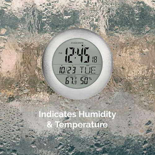 KADAMS Bathroom Shower Digital Wall Clock 9.5'' Kitchen Clock Calendar Water Resistant - Large LCD Screen - Temperature & Humidity Display - Thoughtful Gift for All Ages (Silver) - Image 9