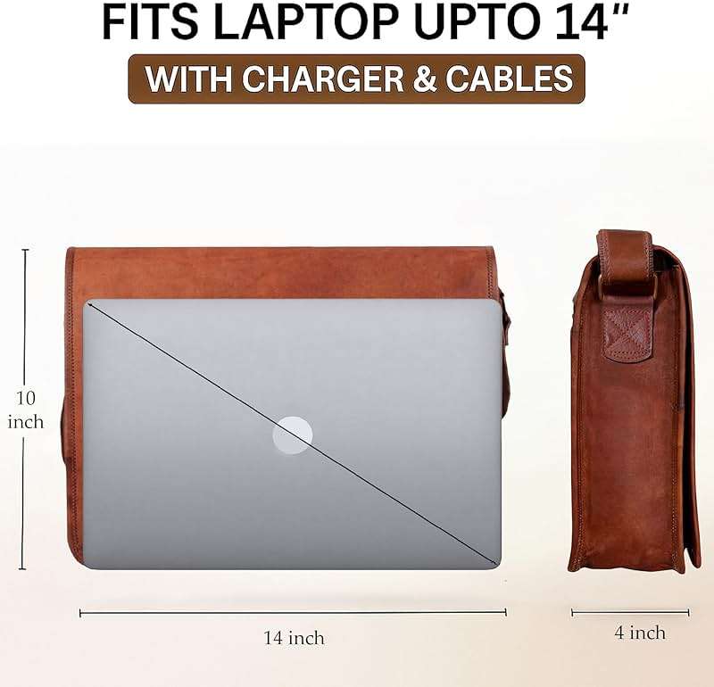 RUSTIC TOWN 14" Leather Messenger Bag for Men & Women – Full Grain Vintage Crossbody Satchel – Fits 13.3"/14" Laptop – Ideal Briefcase for Work, Travel & College – Adjustable Shoulder Strap - Image 3
