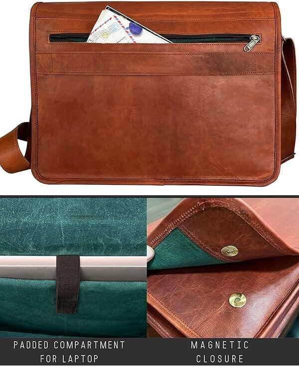 RUSTIC TOWN 14" Leather Messenger Bag for Men & Women – Full Grain Vintage Crossbody Satchel – Fits 13.3"/14" Laptop – Ideal Briefcase for Work, Travel & College – Adjustable Shoulder Strap - Image 4