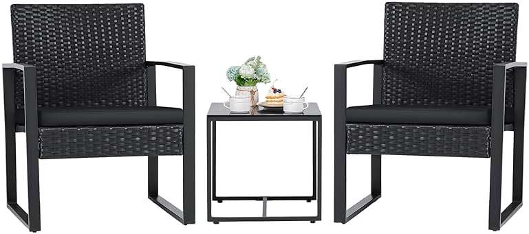Flamaker 3 Pieces Outdoor Patio Wicker Furniture Set, Modern Rattan Chair Conversation Sets with Coffee Table for Yard and Bistro (Black) - Image 1