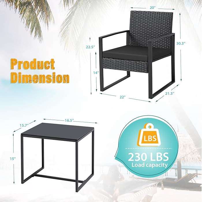 Flamaker 3 Pieces Outdoor Patio Wicker Furniture Set, Modern Rattan Chair Conversation Sets with Coffee Table for Yard and Bistro (Black) - Image 3