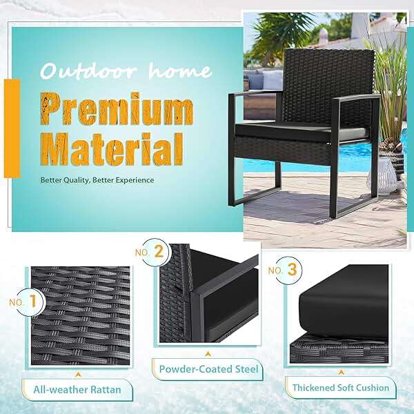 Flamaker 3 Pieces Outdoor Patio Wicker Furniture Set, Modern Rattan Chair Conversation Sets with Coffee Table for Yard and Bistro (Black) - Image 4