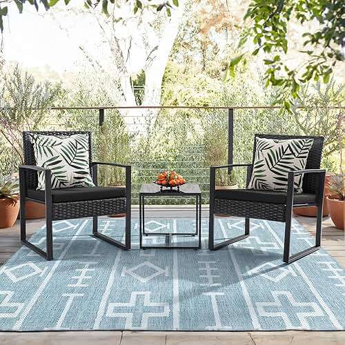 Flamaker 3 Pieces Outdoor Patio Wicker Furniture Set, Modern Rattan Chair Conversation Sets with Coffee Table for Yard and Bistro (Black) - Image 6