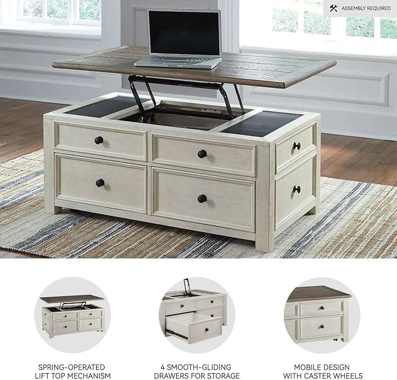 Signature Design by Ashley Bolanburg Lift-Top Coffee Table with Storage Two-Tone Rustic Farmhouse Cocktail Table – Brown/White - Image 4