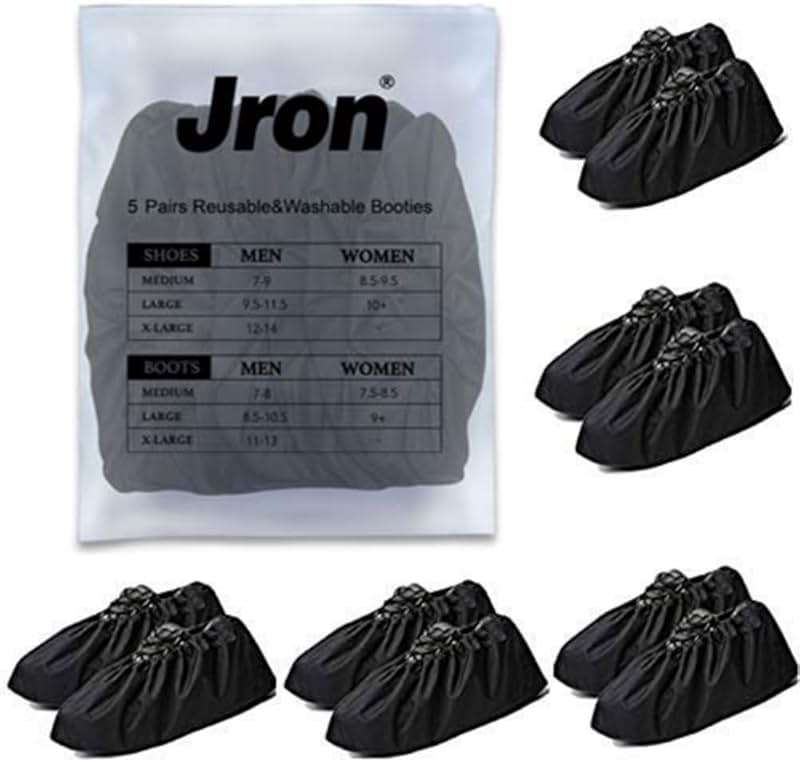 Jron 5 Pairs Premium Reusable Washable Shoe Cover Boot Covers for Contractors (5 Pairs Unisex| 9.5-11 For Shoes/US 8.5-10.5 For Boots, Black) - Image 1