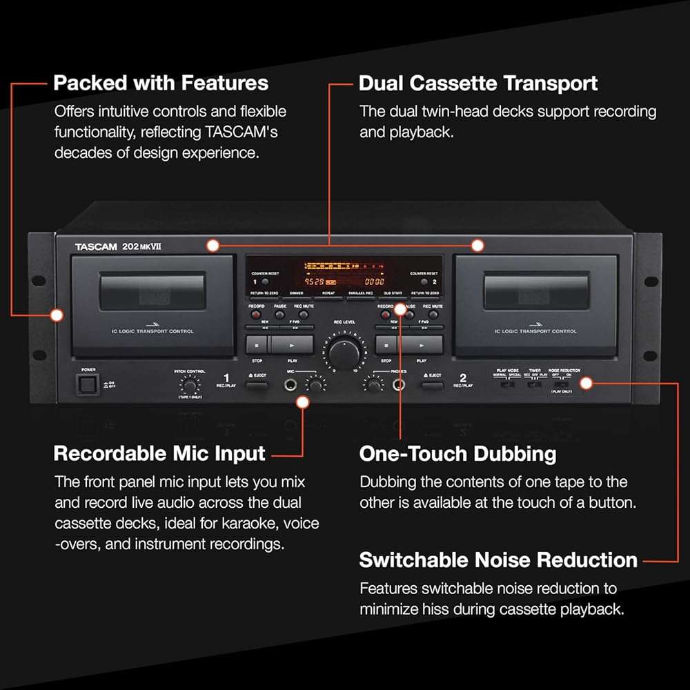 Tascam 202MKVII Double Cassette Deck Recorder with USB Port, Dual Cassette Deck - Image 3