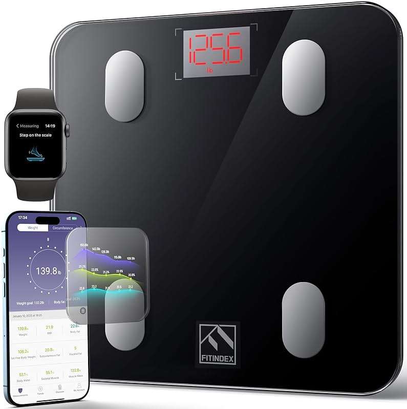 FITINDEX Smart Scale for Body Weight, Scale with BMI, Body Fat, Muscle Mass, Digital, Bathroom, Weighing, Bluetooth, Body Composition Monitor Health Analyzer with App, 400lb, Black - Image 1