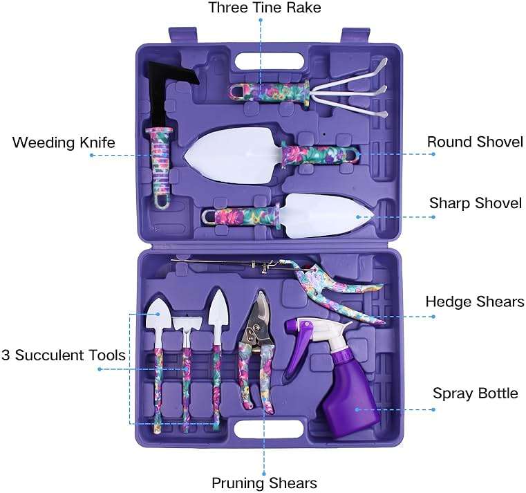 Garden Tools Set, JUMPHIGH 10 Pieces Gardening Tools with Floral Print, Ergonomic Handle Trowel Rake Weeder Pruner Shears Sprayer, Garden Hand Tools with Carrying Case Gardening Gifts for Women Father - Image 3