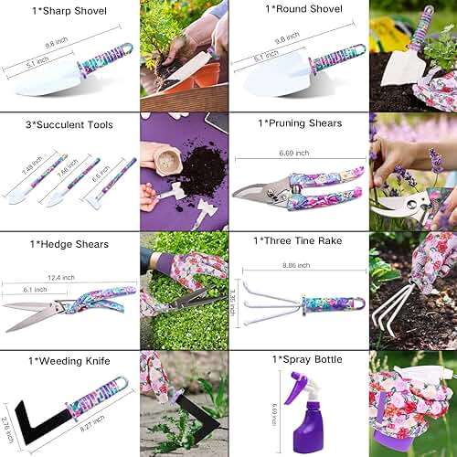 Garden Tools Set, JUMPHIGH 10 Pieces Gardening Tools with Floral Print, Ergonomic Handle Trowel Rake Weeder Pruner Shears Sprayer, Garden Hand Tools with Carrying Case Gardening Gifts for Women Father - Image 4