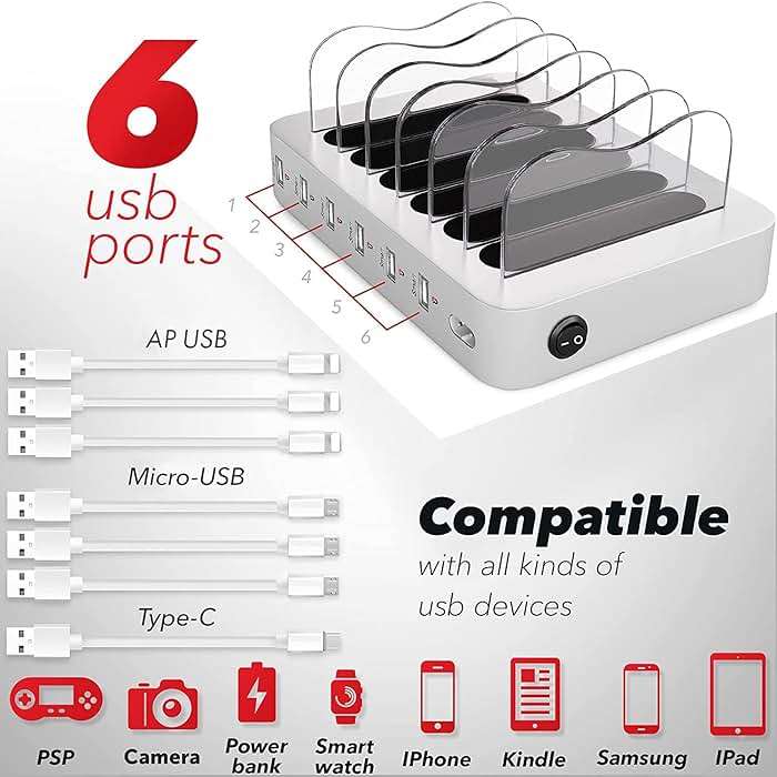 USB Charging Dock - 6-Port Universal Charging Station for Multiple Devices - Multi Device Charger Station - Compatible with Apple, iPad, iPhone, and Android Cell Phones and Tablets - Image 2