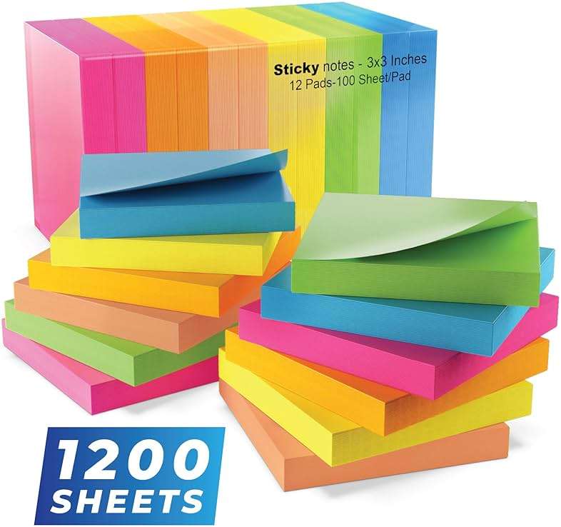 Infiniko Sticky Notes 3x3 Inch, 1200 Sheets (100 Sheets Per Pad), 6 Bright Color Sticky Pads, Super Sticky Notes with Strong Adhesive Office Supplies for Desk, School & Daily Planning - Image 1