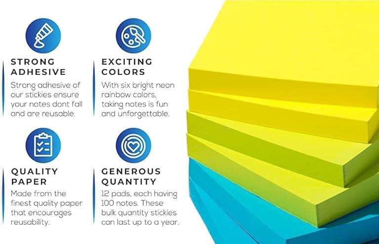 Infiniko Sticky Notes 3x3 Inch, 1200 Sheets (100 Sheets Per Pad), 6 Bright Color Sticky Pads, Super Sticky Notes with Strong Adhesive Office Supplies for Desk, School & Daily Planning - Image 3