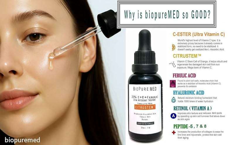 BioPureMED 25% Vitamin CE+Ferulic Acid Serum for Face: Anti Wrinkle Serum Retinol 22, Hyaluronic Acid Best Organic Korean Skin Care Vitamin C Serum/Face Moisturizer - Image 4