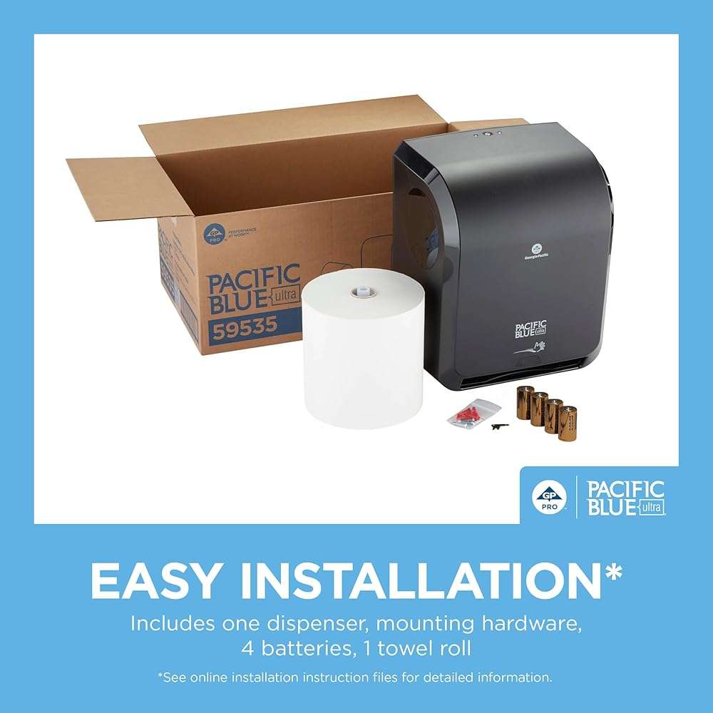 Pacific Blue Ultra 8" High-Capacity Automated Touchless Paper Towel Dispenser Starter Kit by GP PRO (Georgia-Pacific), Black Dispenser (59590) 1 White Towel Roll (26491) - Image 5