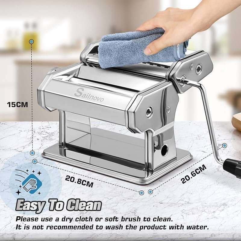 Sailnovo 3 in 1 Pasta Maker Machine - 9 Adjustable Thickness Settings Aluminum Alloy Pasta Roller & 2 Width Cutters for Fresh Spaghetti, Fettuccini, Lasagna, Dumplings - Stainless Steel, Silver - Image 3