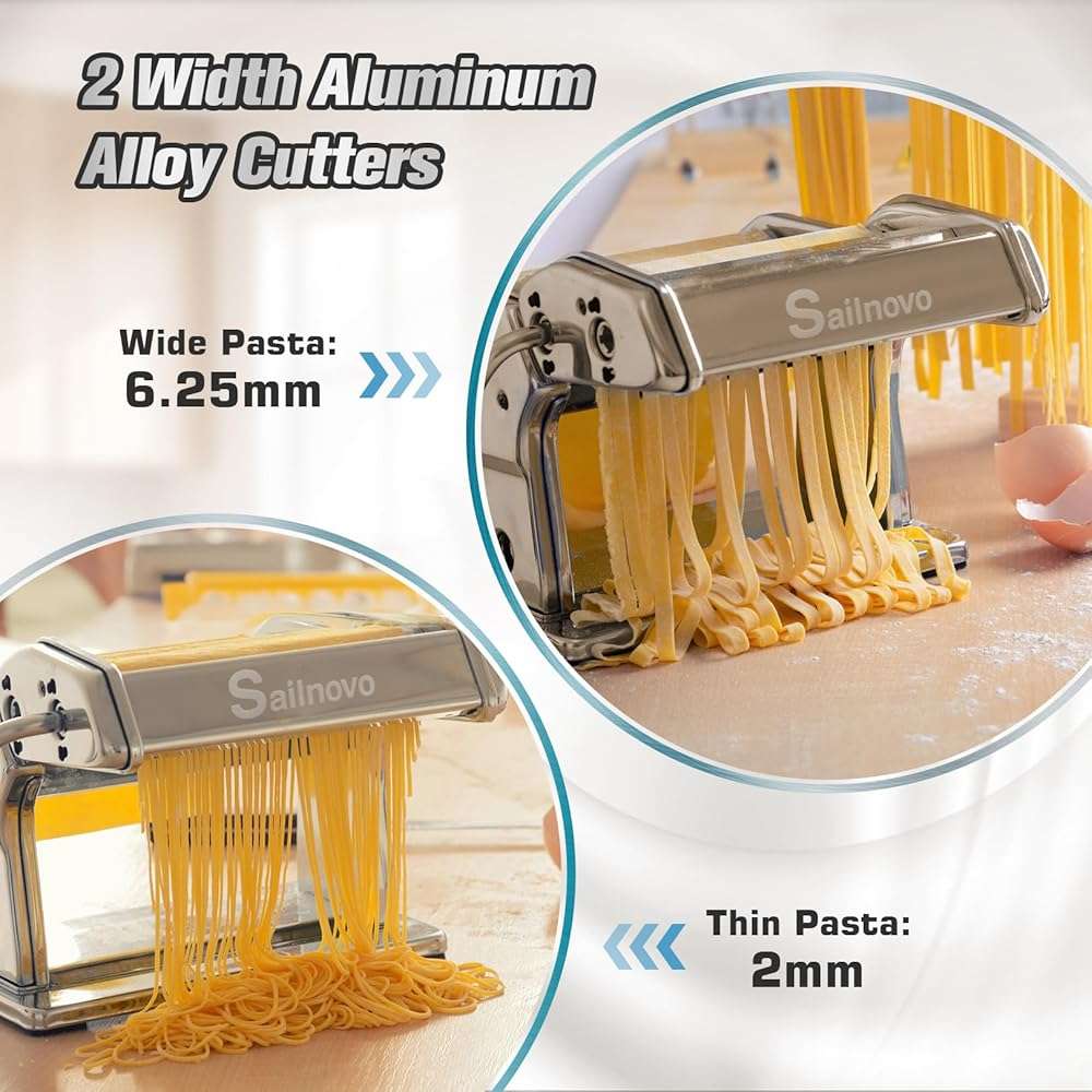 Sailnovo 3 in 1 Pasta Maker Machine - 9 Adjustable Thickness Settings Aluminum Alloy Pasta Roller & 2 Width Cutters for Fresh Spaghetti, Fettuccini, Lasagna, Dumplings - Stainless Steel, Silver - Image 5
