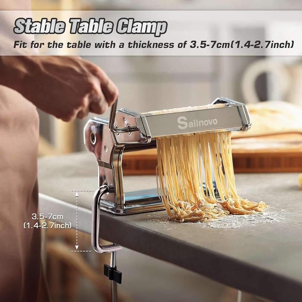 Sailnovo 3 in 1 Pasta Maker Machine - 9 Adjustable Thickness Settings Aluminum Alloy Pasta Roller & 2 Width Cutters for Fresh Spaghetti, Fettuccini, Lasagna, Dumplings - Stainless Steel, Silver - Image 6