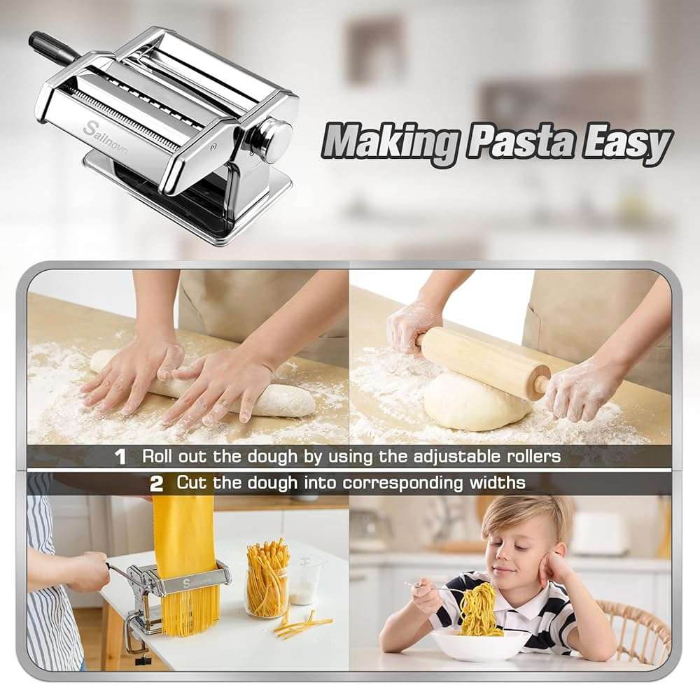 Sailnovo 3 in 1 Pasta Maker Machine - 9 Adjustable Thickness Settings Aluminum Alloy Pasta Roller & 2 Width Cutters for Fresh Spaghetti, Fettuccini, Lasagna, Dumplings - Stainless Steel, Silver - Image 7