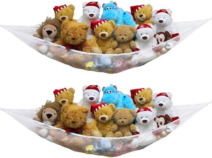 Simple Houseware 2 Pack Stuffed Animal Toy Hammock Net, Corner Wall Storage for Kids Room, White - Image 1