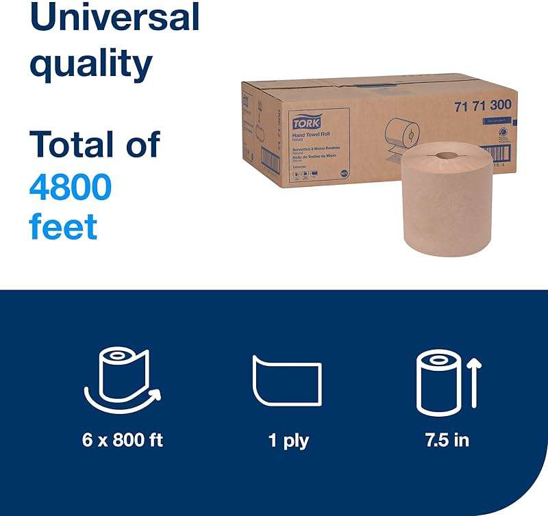 Tork Hand Towel Roll, Natural, Universal, H71, Large, 100% Recycled, 1-Ply, White, 6 Rolls x 800 ft, 7171300 - Image 2