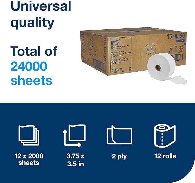 Tork OptiCore® Mid-size Toilet Paper Roll White T10, Universal, 2-ply, 12 x 2000 sheets, 160090 - Image 3