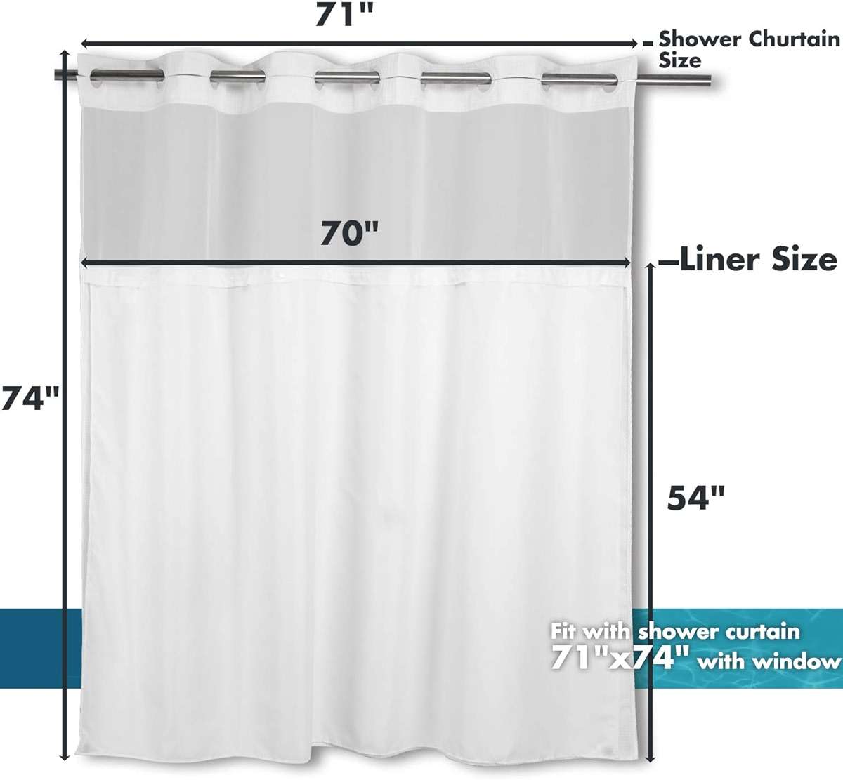 River Dream Snap in Fabric Shower Curtain Liner Replacement - 70W x 54H, White, with Magnets-Detachable Liner,(Fit 71(W) x 74(H) with Window Shower Curtain) - Image 2