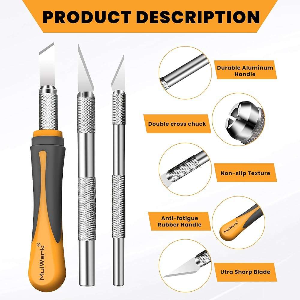 MulWark Exacto Knife Set | Craft Knife Kit | 16pc Precision Craft Hobby Kit with Razor Sharp Knives for Wood, Crafting, Leather, Scrapbooking & Modeling - Image 6