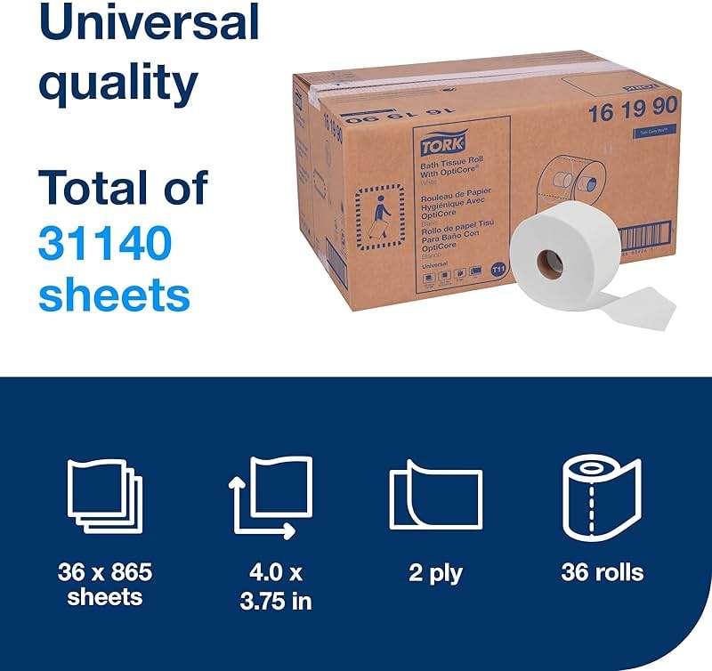 Tork OptiCore Mid-size Toilet Paper Roll White T11, Universal, 2-ply, 36 x 865 sheets, 161990 - Image 2